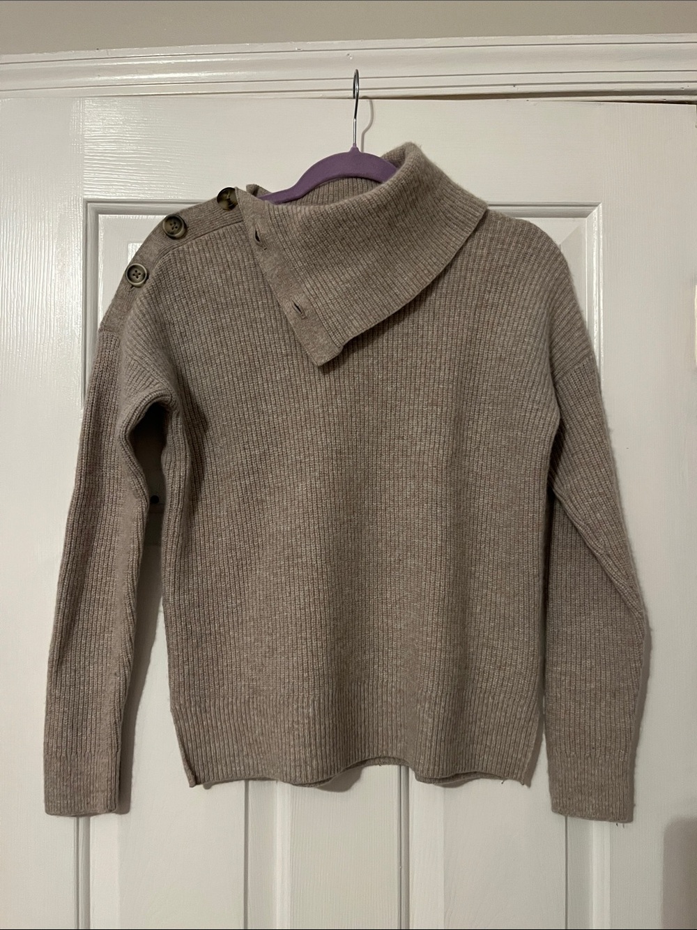 Madewell Cozy Button-Shoulder Ribbed Sweater in Marled Beige